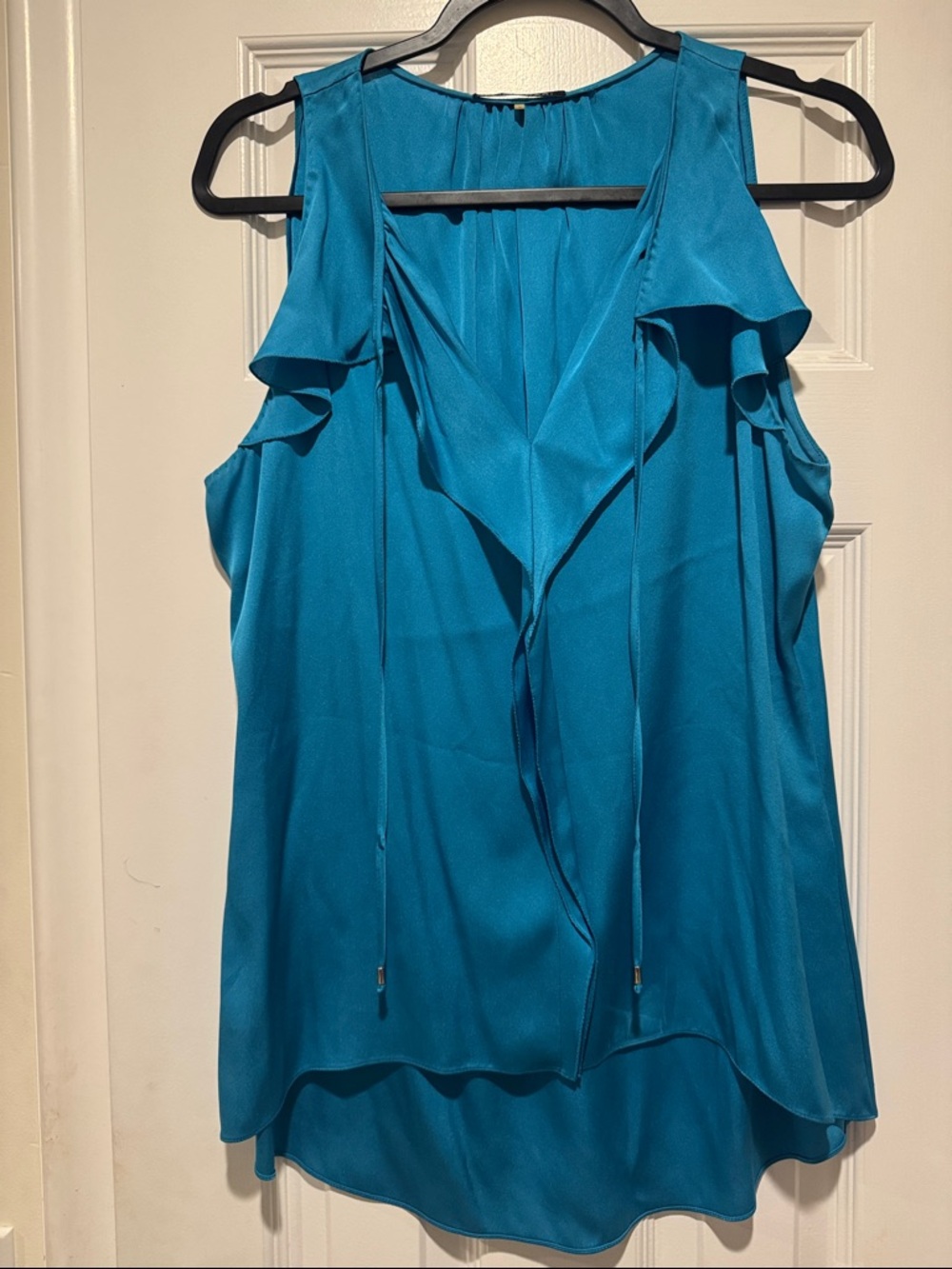 Genuine Silk Sleeveless Teal V-Neck Ruffle Tie-Front Blouse